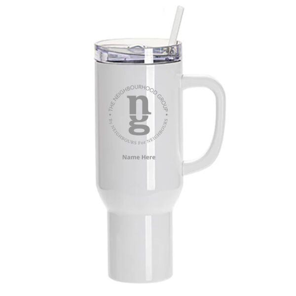 Engraved White Travel Tumbler with Clear Flat Lid & Handle 40oz Thumbnail