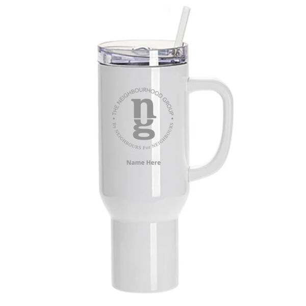 Engraved White Travel Tumbler with Clear Flat Lid & Handle 40oz Thumbnail