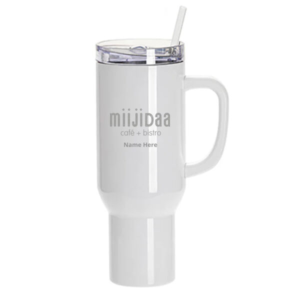 Engraved White Travel Tumbler with Clear Flat Lid & Handle 40oz Thumbnail