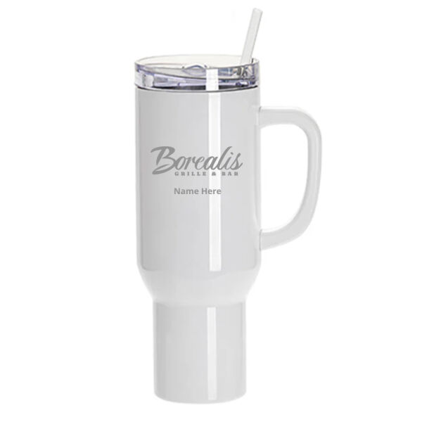 Engraved White Travel Tumbler with Clear Flat Lid & Handle 40oz Thumbnail