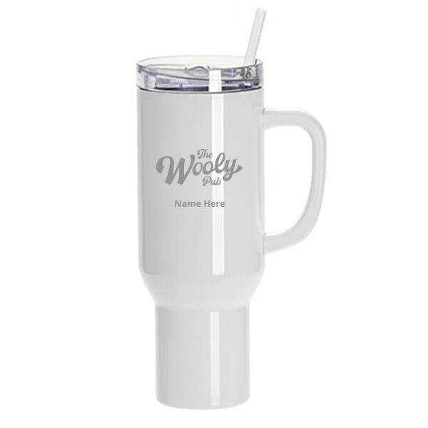 Engraved White Travel Tumbler with Clear Flat Lid & Handle 40oz Thumbnail